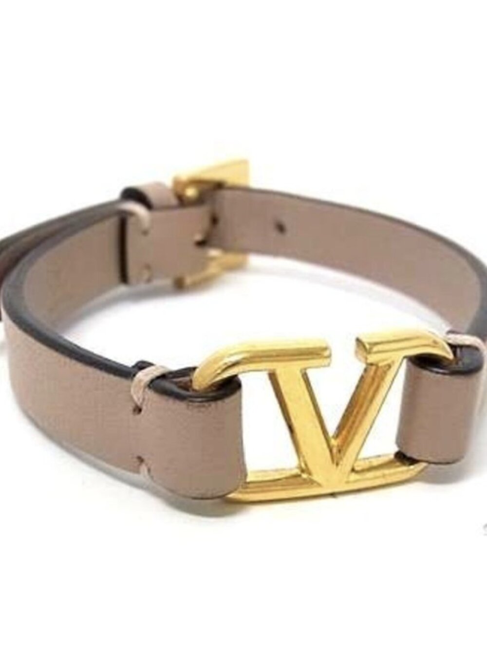 Valentino Garavani Beige Leather V-Buckle Bracelet